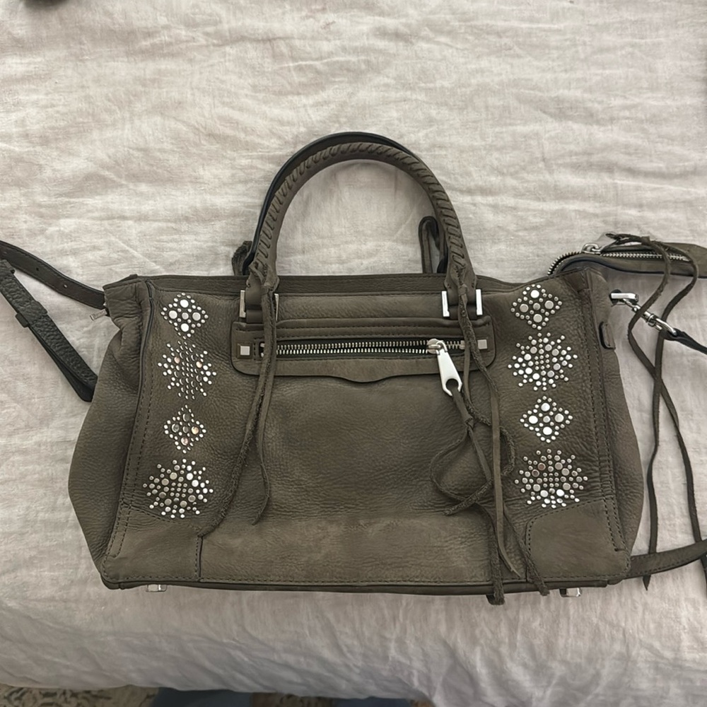 Rebecca Minkoff suede olive green studded Raegan satchel